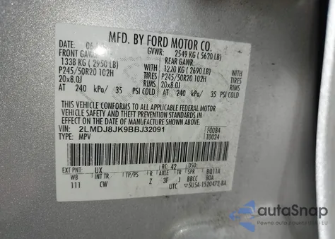 2011 Lincoln Mkx from USA, damaged, VIN 2LMDJ8JK9BBJ32091